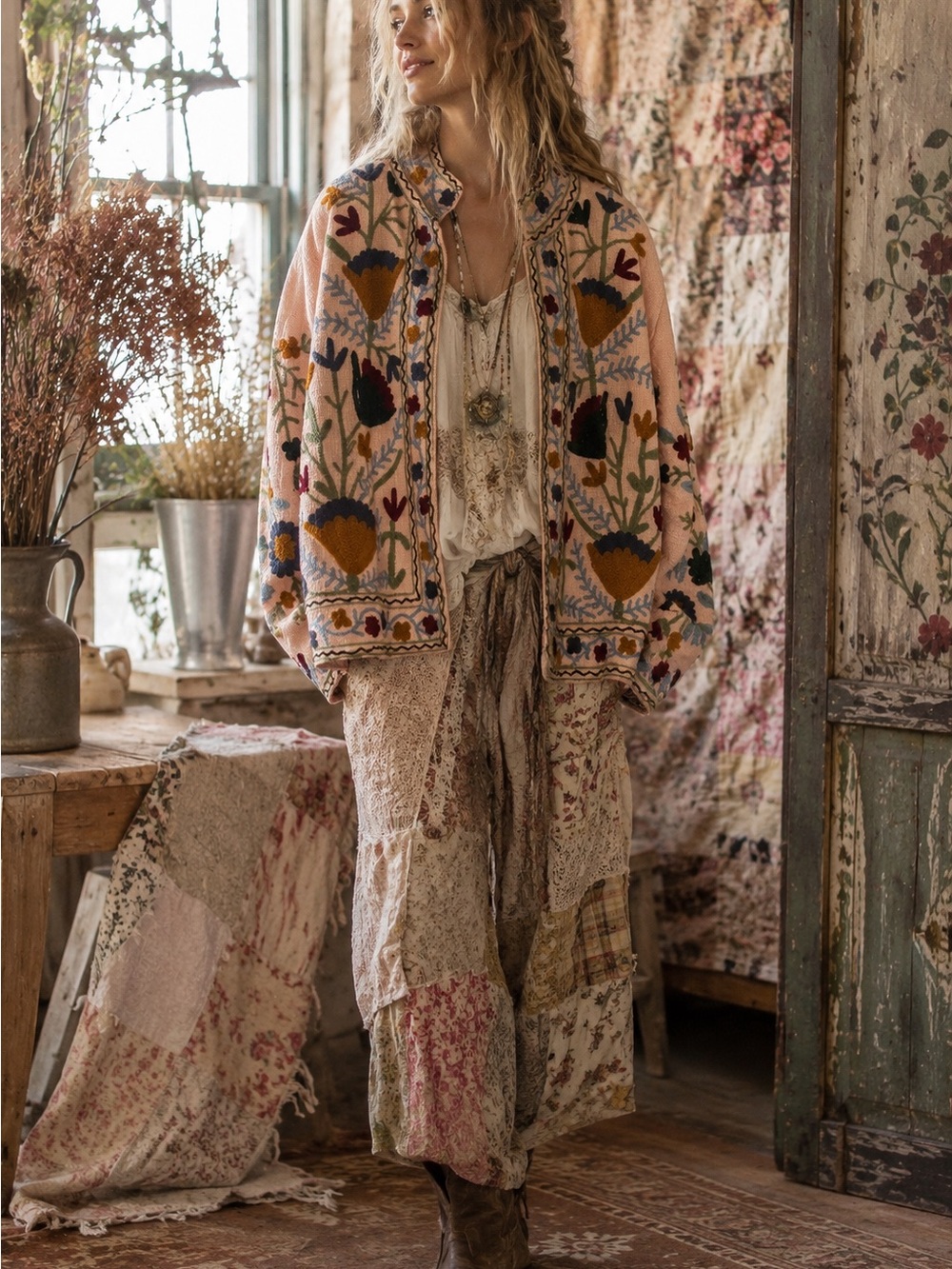 Artsy Folk Embroidered Boho Prairie Floral Jacket Pink Cottage Statement Piece